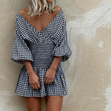 Vestido mini para mujer – Mezcla de algodón – Cuello en V – Mangas abullonadas – Cintura elástica – Estampado de cuadros vichy