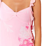 Vestido corto de mujer – Corte ajustado – Tirantes con volantes – Estampado floral – Cuello con lazo