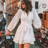 Vestido mini de mujer – Mangas abullonadas – Cintura con lazo – Bajo con volantes – Tejido transpirable