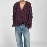 Blusa de mujer – Tejido ligero y transpirable – Cuello en V – Corte holgado – Volantes en capas – Mangas largas