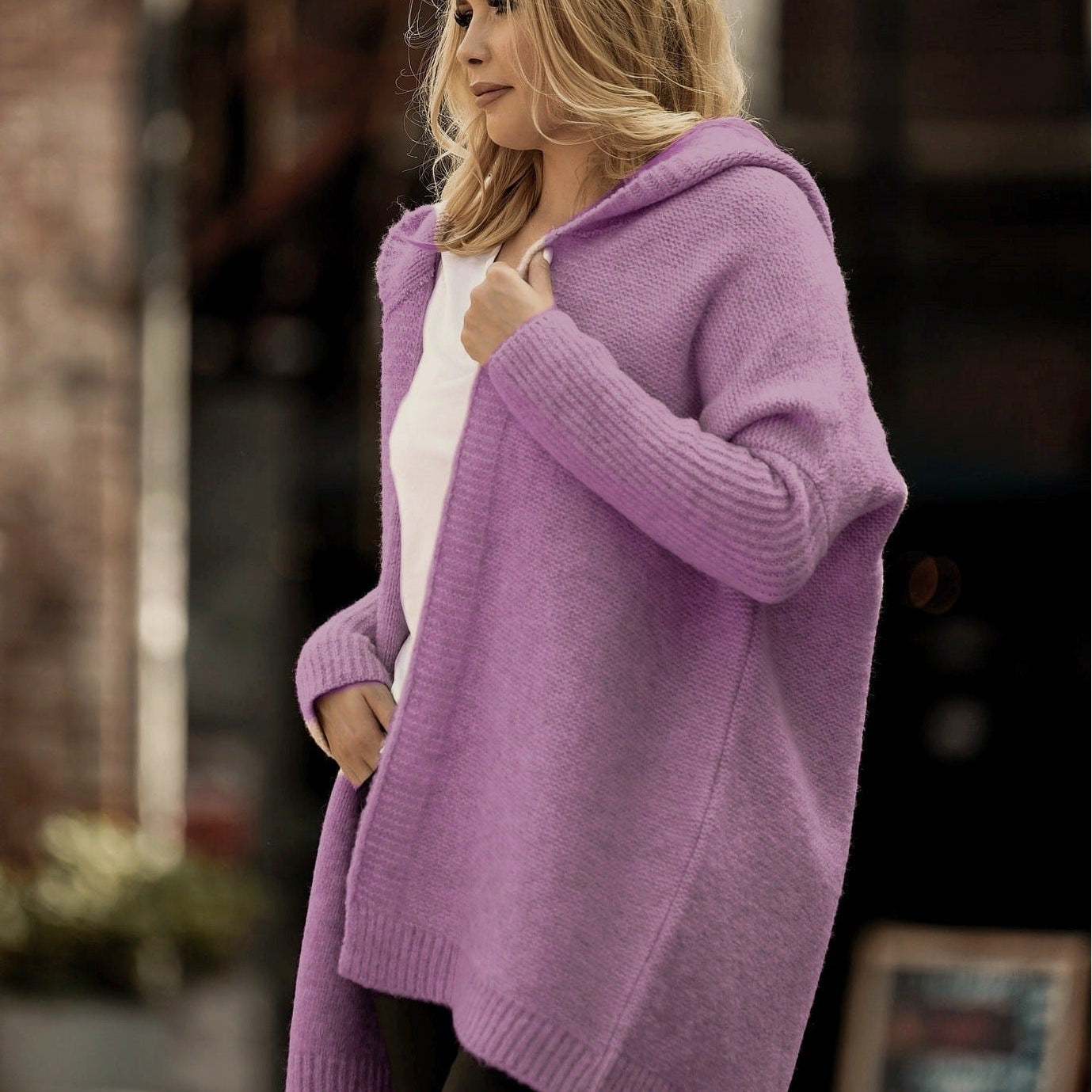 Cárdigan de mujer – Corte oversize – Punto suave – Con capucha – Parte delantera abierta – Largo