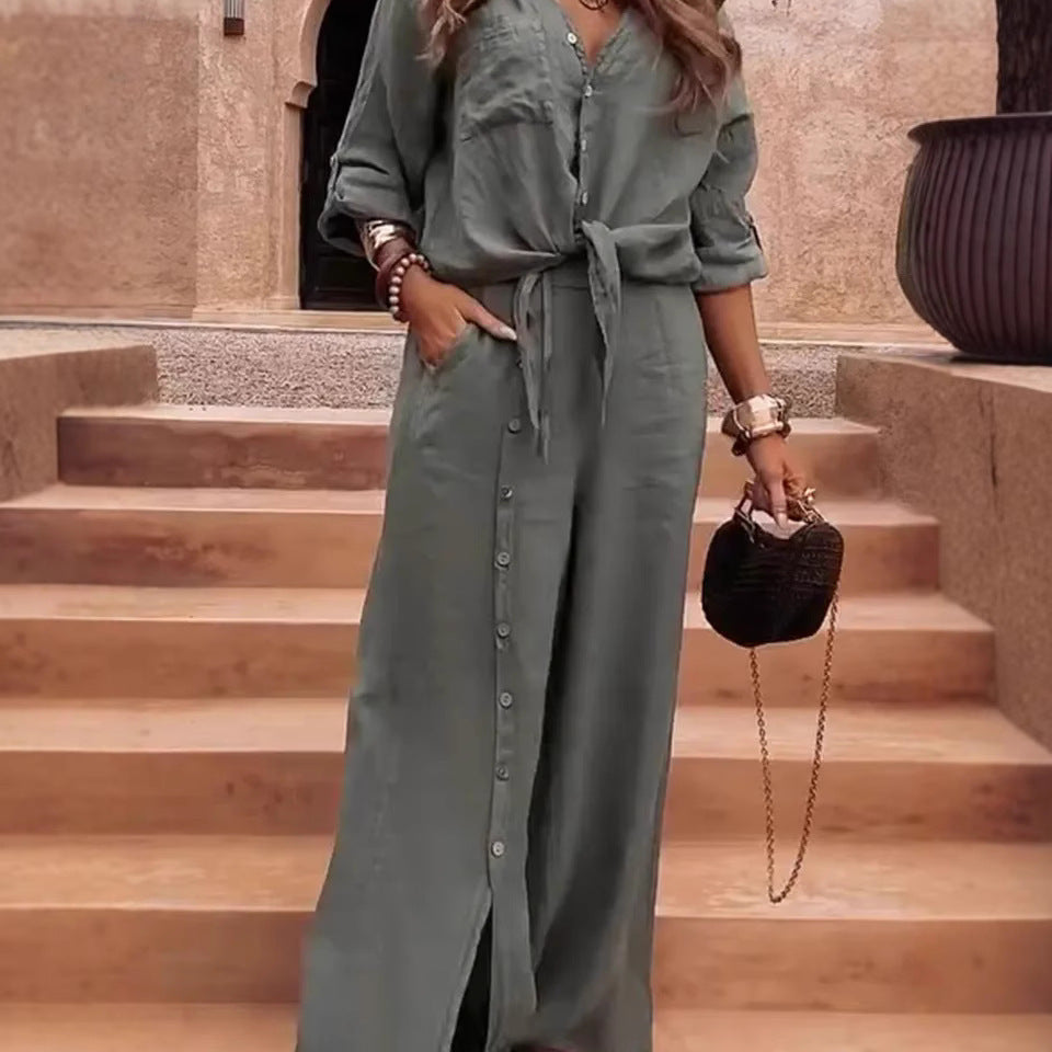 Traje pantalón de mujer – Lino y algodón – Pernera ancha – Cintura ajustable – Botones laterales