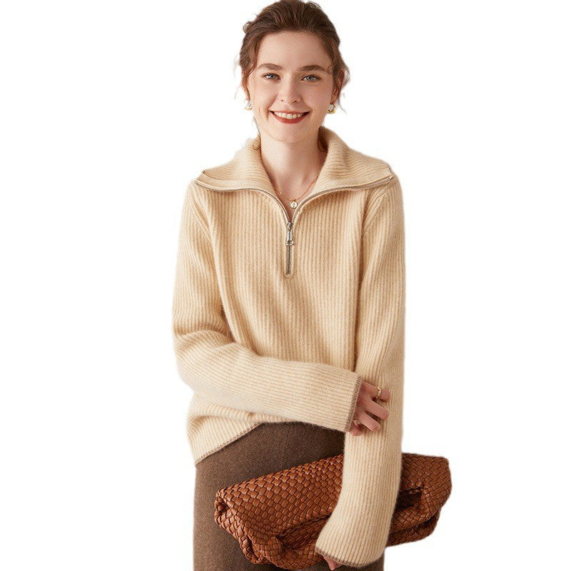 Suéter de mujer – Lana – Corte holgado – Cuello con cremallera – Ribete de canalé