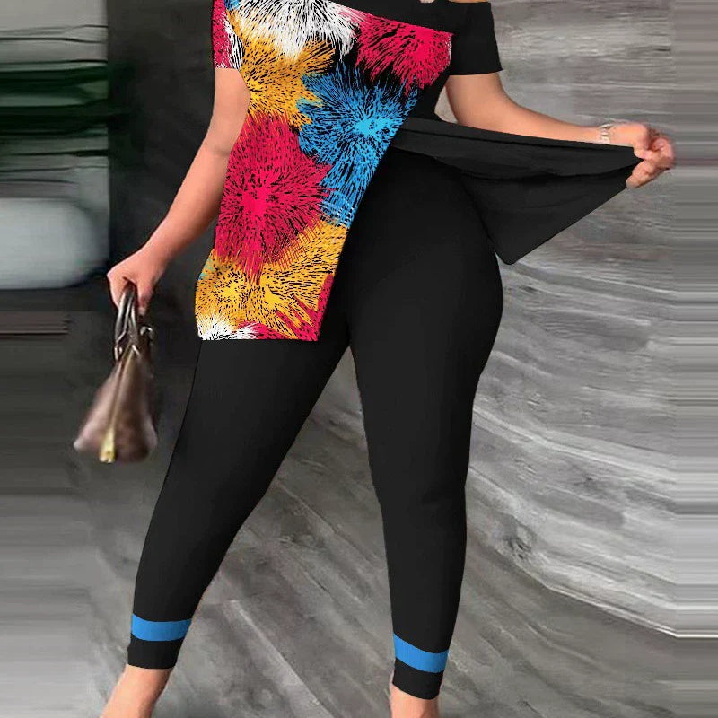 Conjunto de mujer: Top holgado con hombros descubiertos, pantalón ajustado estampado y tejido ligero.