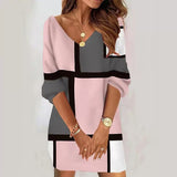 Liora – Vestido suéter moderno con bloques de color y patrones geométricos