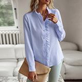 Blusa de mujer – Corte holgado – Tejido texturizado – Mangas largas – Tapeta de botones con volantes