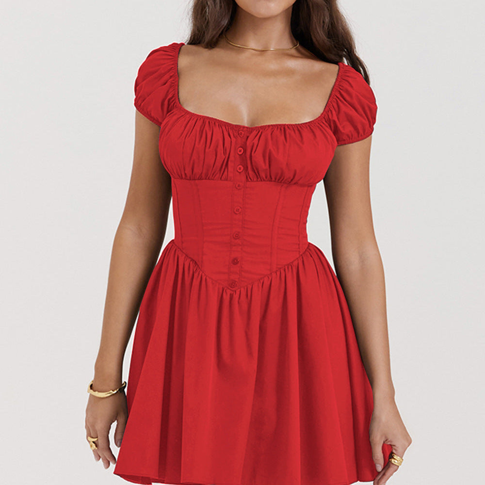 Vestido corto de mujer – Corte entallado y evasé – Mangas abullonadas – Escote cuadrado – Abotonado