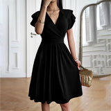 Vestido de mujer - Elegante estilo cruzado - Mangas cortas abullonadas - Cintura ajustada
