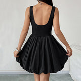 Minivestido de mujer – Sin mangas – Corte ajustado – Falda acampanada – Bajo abullonado
