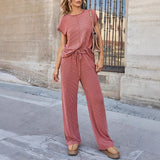 Conjunto de ropa de estar por casa para mujer: corte holgado, punto acanalado suave, camiseta de manga corta y pantalón ancho.