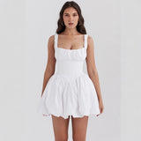 Vestido trapecio para mujer – Cuerpo ajustado – Tirantes con volantes – Minifalda abullonada
