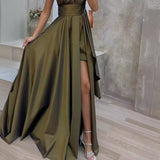 Vestido de noche para mujer – Lujo fluido – Hombros asimétricos – Falda con abertura voluminosa