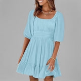 Vestido evasé para mujer – Algodón ligero – Mangas abullonadas – Escote cuadrado – Bajo con volantes