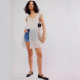 Vestido sin mangas para mujer – Minivestido fluido de gasa – Encaje – Botones – Bajo con volantes