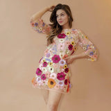 Vestido túnica para mujer – Tejido ligero – Bordado floral – Corte holgado – Mangas 3/4