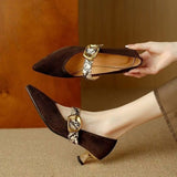Zapatos Mary Jane para mujer – Gamuza elegante – Tacón medio – Punta puntiaguda – Correa con hebilla