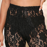 Pantalones acampanados de mujer – Encaje floral transparente – Cintura elástica – Largo hasta el tobillo