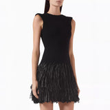 Vestido de noche para mujer – Sin mangas – Corte ajustado – Falda con flecos – Cuello redondo mini