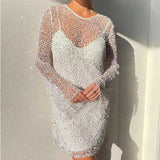 Vestido de cóctel para mujer – Corte entallado – Mangas largas – Lentejuelas – Largo mini