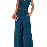 Conjunto de dos piezas para mujer: top corto con lazo delantero y pantalón ancho de cintura alta.