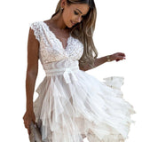 Vestido de noche para mujer – Encaje y tul – Corte evasé – Sin mangas – Escote en pico