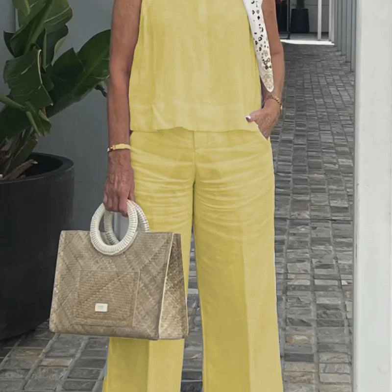 Conjunto sin mangas para mujer – Algodón y lino – Corte relajado – Pantalón ancho con bolsillos