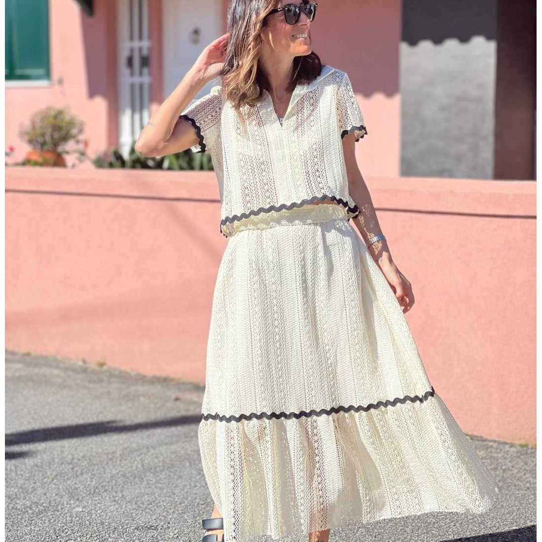 Conjunto de falda para mujer – Mezcla de algodón – Corte holgado – Mangas cortas – Encaje