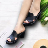 Sandalias de tacón para mujer – Piel auténtica – Tiras cruzadas – Punta abierta – Tacón cuadrado