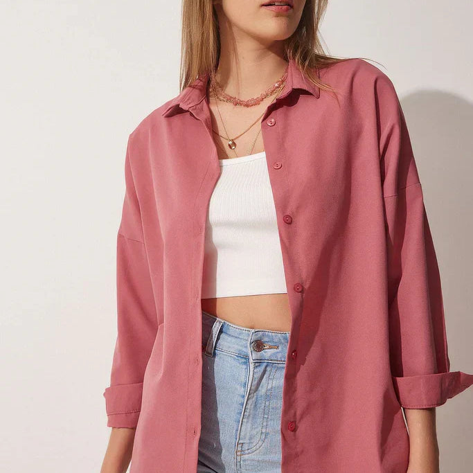 Blusa de mujer oversize – Algodón suave – Mangas largas – Abotonada – Cuello clásico