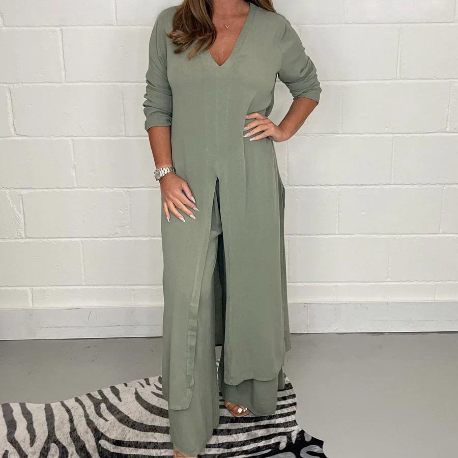 Conjunto de dos piezas para mujer: Top largo con abertura y pantalón ancho, corte holgado.