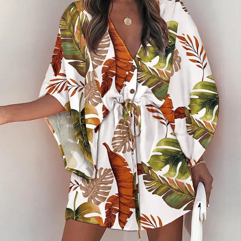 Vestido de mujer – Minivestido fluido – Mangas de mariposa – Escote en pico – Cintura con lazo