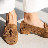 Mocasines de mujer – Zapatos casuales – Punta cerrada perforada – Detalle de flecos