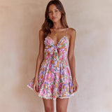 Vestido mini para mujer – Corte acampanado – Tirantes finos – Espalda anudada – Estampado floral