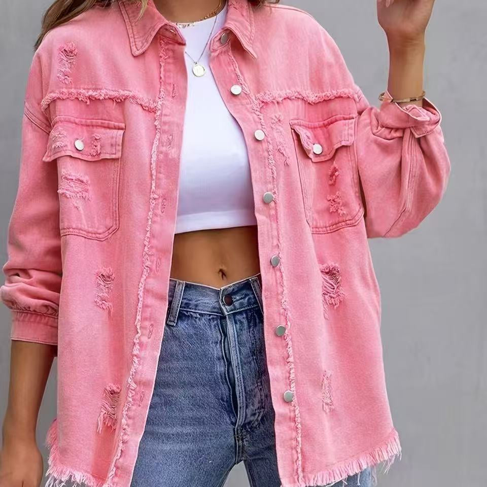 Chaqueta vaquera para mujer – Corte oversize – Lavado desgastado – Largo hasta media cadera