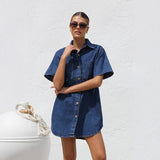 Vestido camisero para mujer – Denim suave – Corte oversize – Mangas cortas – Abotonado