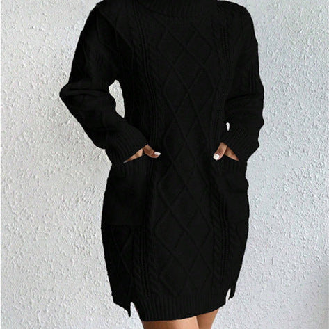 Vestido de jersey para mujer – Corte entallado – Punto trenzado – Cuello alto – Mangas largas