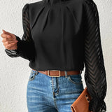 Blusa de mujer – Corte holgado – Cuello alto plisado – Mangas largas en voile de espiga
