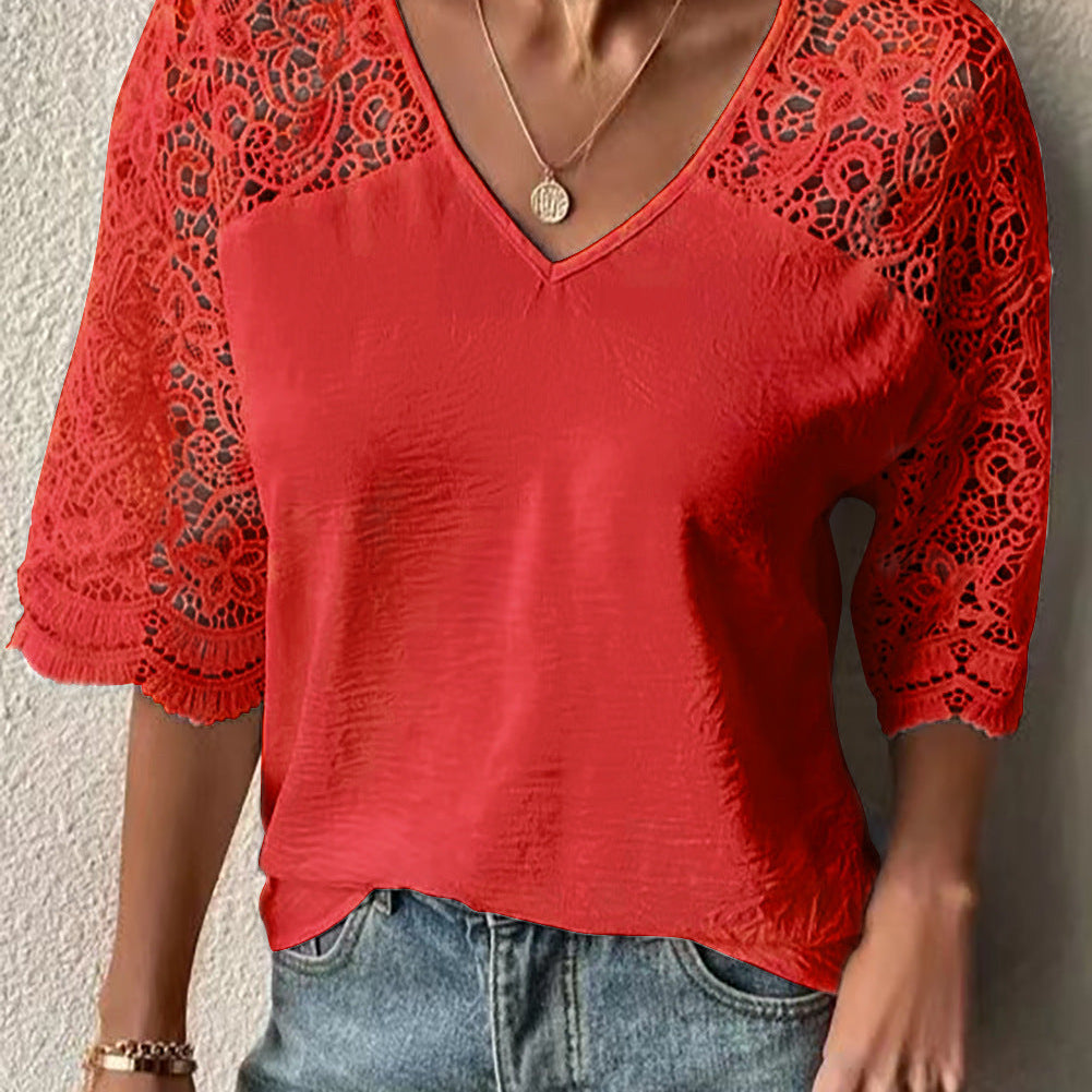 Blusa de verano con mangas de crochet y encaje para mujer - Cuello en V