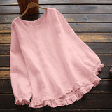 Blusa de mujer – Corte holgado – Mangas largas – Lino de algodón – Volantes elegantes
