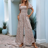 Mono de mujer – Tejido ligero – Piernas anchas – Mangas abullonadas – Estampado floral