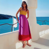 Vestido midi de mujer – Tirantes finos – Corte acampanado – Algodón ligero – Diseño de bloques de color