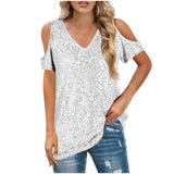 Top de mujer – Hombros descubiertos – Cuello en V – Corte holgado – Parte delantera con lentejuelas