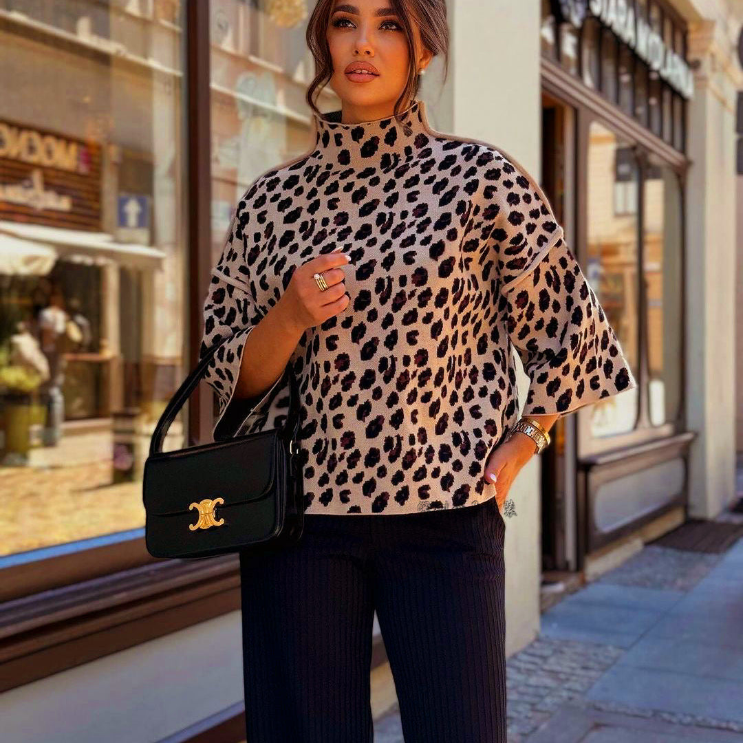 Suéter de mujer – Punto suave – Corte holgado – Cuello alto – Estampado de leopardo – Mangas 3/4