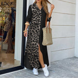 Vestido largo estampado de mujer con cuello abotonado y mangas largas.