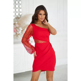 Minivestido para mujer – Corte ajustado – Hombros descubiertos – Mangas transparentes con lentejuelas