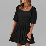 Vestido evasé para mujer – Algodón ligero – Mangas abullonadas – Escote cuadrado – Bajo con volantes