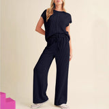 Conjunto de ropa de estar por casa para mujer: corte holgado, punto acanalado suave, camiseta de manga corta y pantalón ancho.
