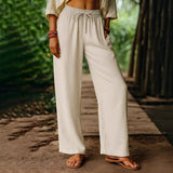 Pantalones anchos de mujer – corte holgado – cintura elástica – lino de algodón – bolsillos