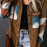 Chaqueta tipo cárdigan para mujer – Corte holgado – Estampado azteca – Abotonada – Pana