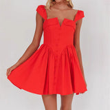 Vestido corto de mujer – Algodón ligero – Escote cuadrado – Cintura ajustada – Falda plisada